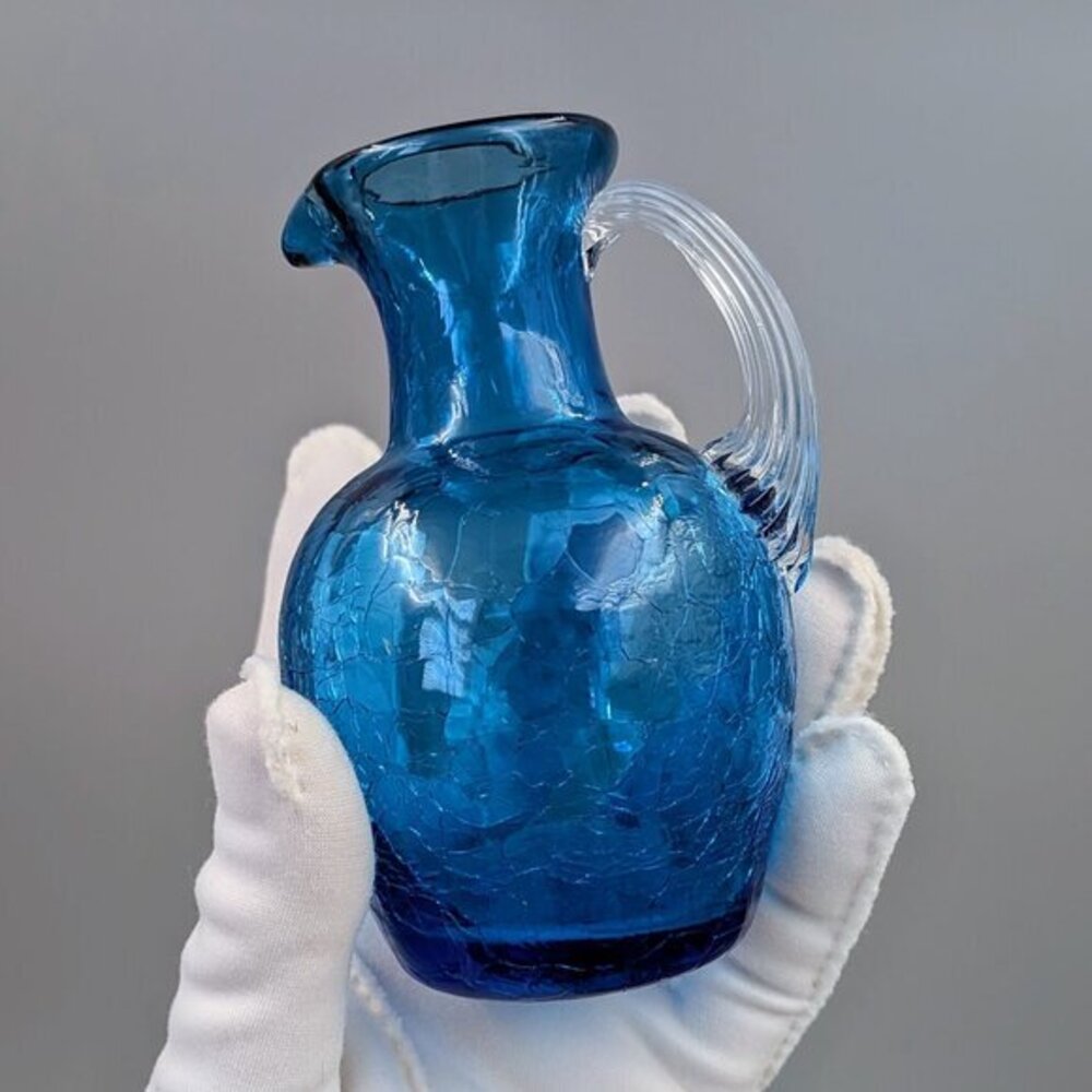 Vintage Blue Crackle Glass Pitcher - Mid-Century Modern Hand-Blown Art Glass